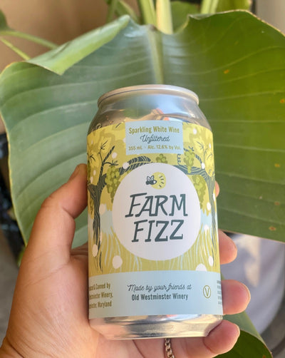 75% Chardonnay, 20% Chardonel, 5% Vidal Blanc. Westminster, Maryland  Woman winemaker - Lisa Hinton. All natural. Orange wine. 1 can = 1/2 a bottle! Lemon heads. Pineapple pulp. Toasty aniseed. Green mango pop with a peachy zing.
