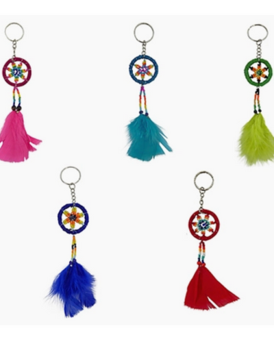 Handmade dream catcher key chain with feathers. Key ring, made in Peru.
