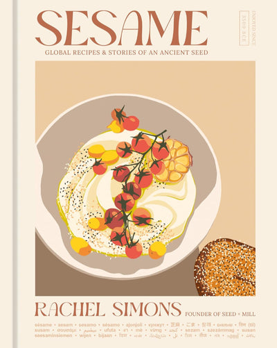 Book cover of 'Sesame' by Rachel Simons with a plate of food and sesame seeds on a beige background.