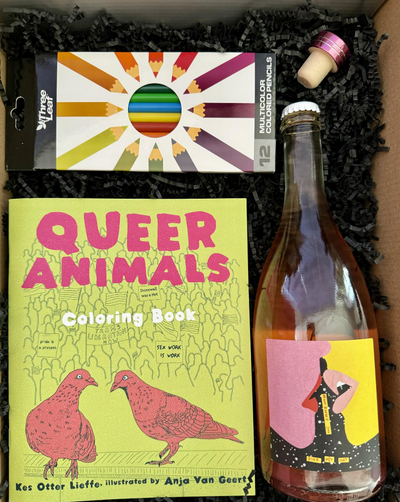 This box includes Between Us Pink Pét-Nat Rosé, Queer Animals Coloring Book, Three Leaf 12 Pack Colored Pencils, and a wine stopper (color will vary).