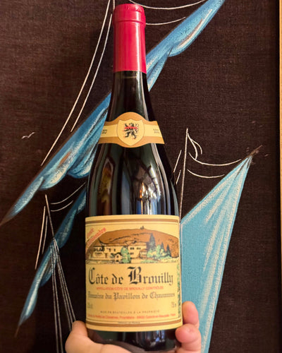 Bottle of Côte de Brouilly wine held against a decorative background