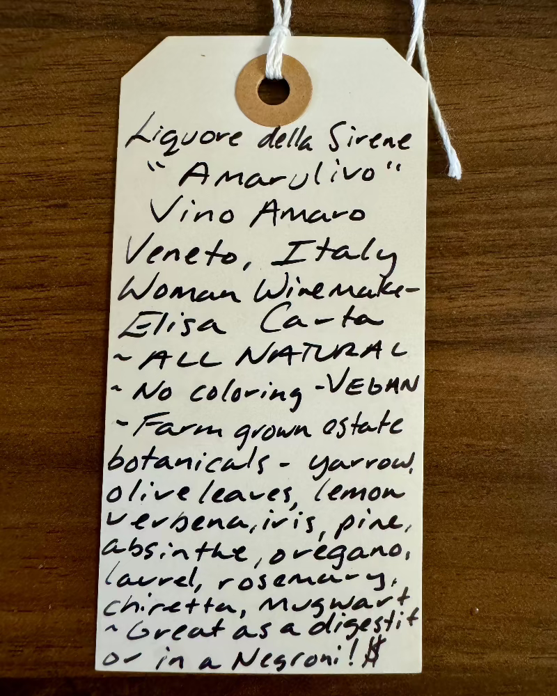 Veneto, Italy.

Woman winemaker - Elisa Carta.
All natural.
No coloring - VEGAN.
Farm Grown Botanicals - yarrow, olive tree leaves, lemon verbena, iris, pine, absinthe, oregano, laurel, rosemary, chiretta flowers and mugwort.
Great as a digestif or in a Negroni!