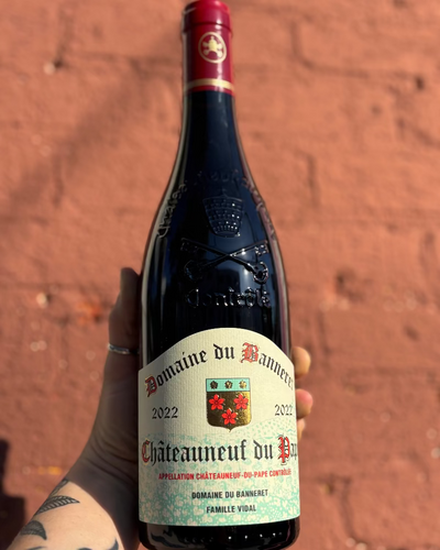 Bottle of Domaine du Banderet Chateauneuf-du-Pape wine held against a brick wall.
