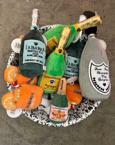 Pawsecco, Woof Clicquot and more beverage-inspired squeaky toys.