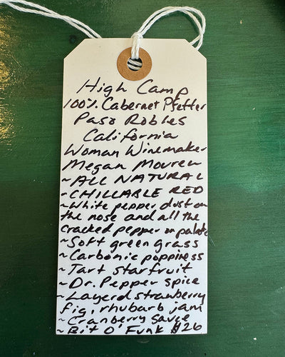 100% Cabernet Pfeffer
Paso Robles, California.

Woman winemaker - Megan Mouren.
All Natural.
Chillable red.
White pepper dust on the nose and all the cracked pepper on the palate.&nbsp;
Soft green grass.
Carbonic poppiness.
Tart starfruit.
Dr. Pepper spice.
Layered strawberry, fig, rhubarb jam.
Cranberry sauce.&nbsp;
Bit O' Funk.