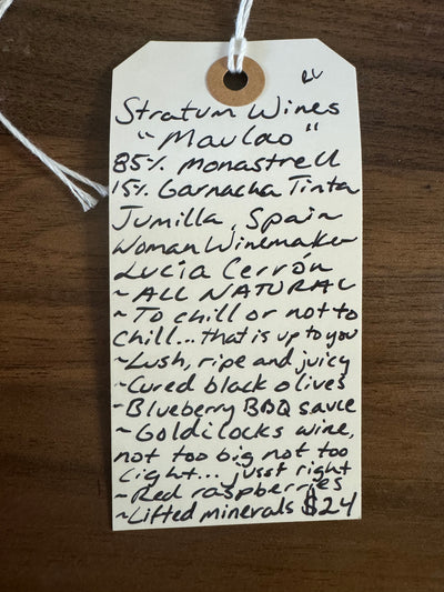 85% Monastrell, 15% Garnacha Tinta
Jumilla, Spain.

Woman winemaker - Lucia Cerron.
All natural.
To chill or not to chill... that is up to you!
Lush, ripe and juicy.
Cured black olives.
Blueberry BBQ sauce.
Goldilocks wine, not too big, not too light... jusssst right.
Red raspberries.
Lifted minerals.