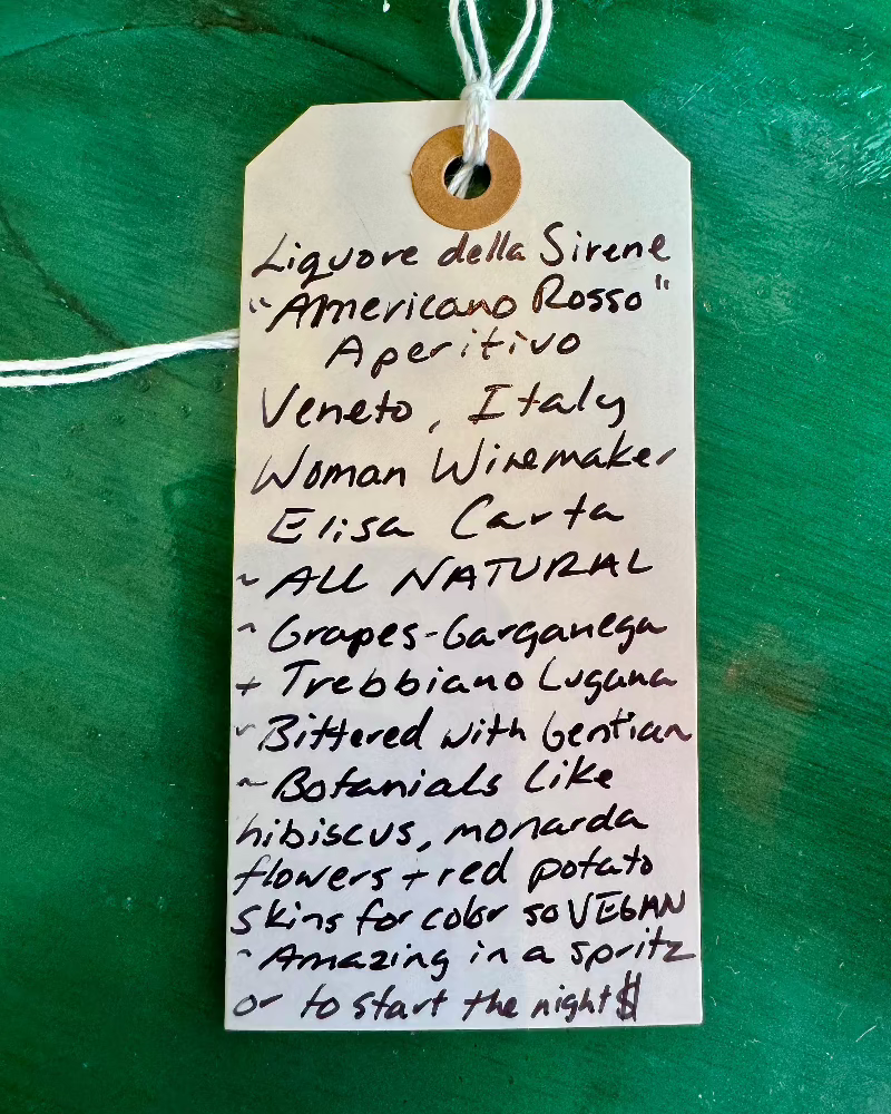 Veneto, Italy.

Woman winemaker - Elisa Carta.
Grapes- Garganega and Trebbiano Lugana.
Bittered with Gentian not wormwood.
Botanicals like hibiscus, monarda flowers and red potato skins for color... so Vegan!
Amazing for a spritz or to start the evening.
Perfect chilled on it's own or in a cocktail.