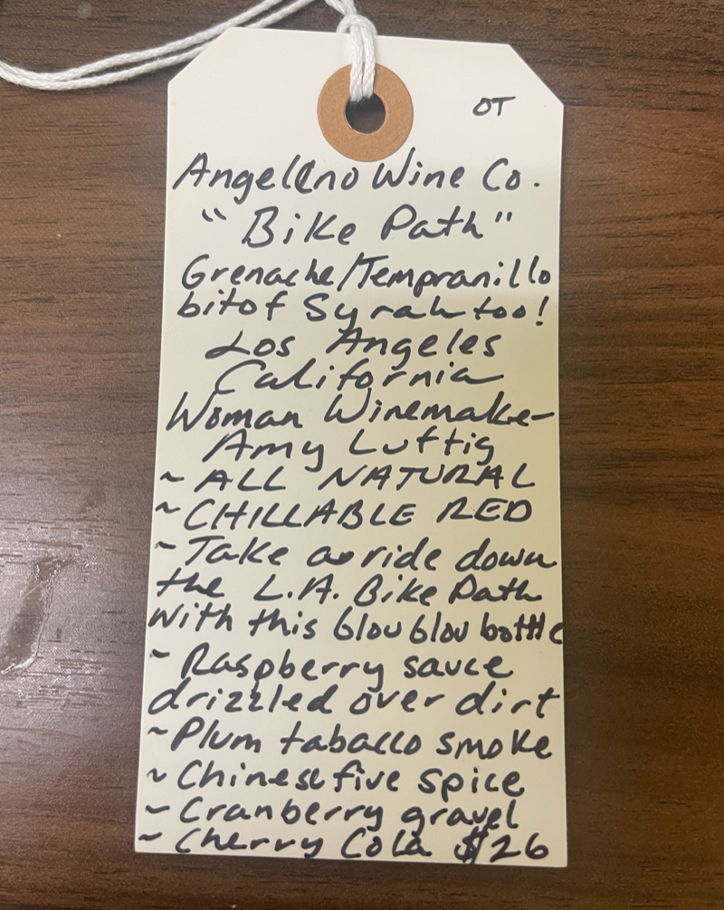 Grenache, Tempranillo and a bit of Syrah.  Los Angeles, California.  Woman winemaker - Amy Luftig. All Natural. Local Love! Chillable Red. Take a ride down the L.A. bike path with this Glow Glow bottle! Raspberry sauce drizzled over fresh dirt. Plum tabacco smoke. Chinese five spice. Cranberry gravel. Cherry Cola.