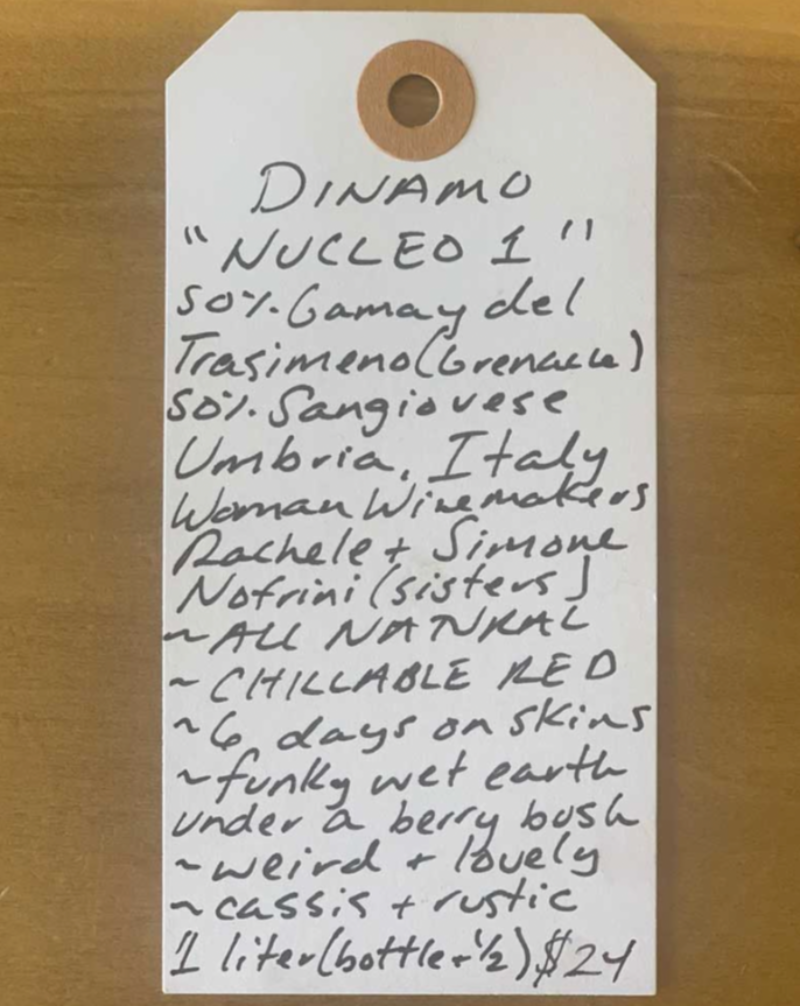 50% Gamay del Trasimeno (Grenache), 50% Sangiovese Umbria, Italy.  Woman winemaker - Rachele + Simone Nofrini (sisters). All natural. Chillable red. 6 days on skins. Funky wet earth under a berry bush. Weird + lovely. Cassis + rustic 1 liter (bottle + a half).