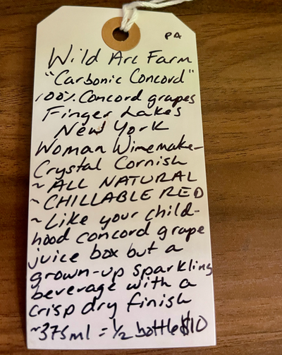 100% Concord grapes Fingerlakes New York.  Woman winemaker - Crystal Cornish. All natural. Chillable red. Like your childhood Concord grape juice box but a grown-up sparkling beverage with a crisp dry finish. 375ml = 1/2 bottle.