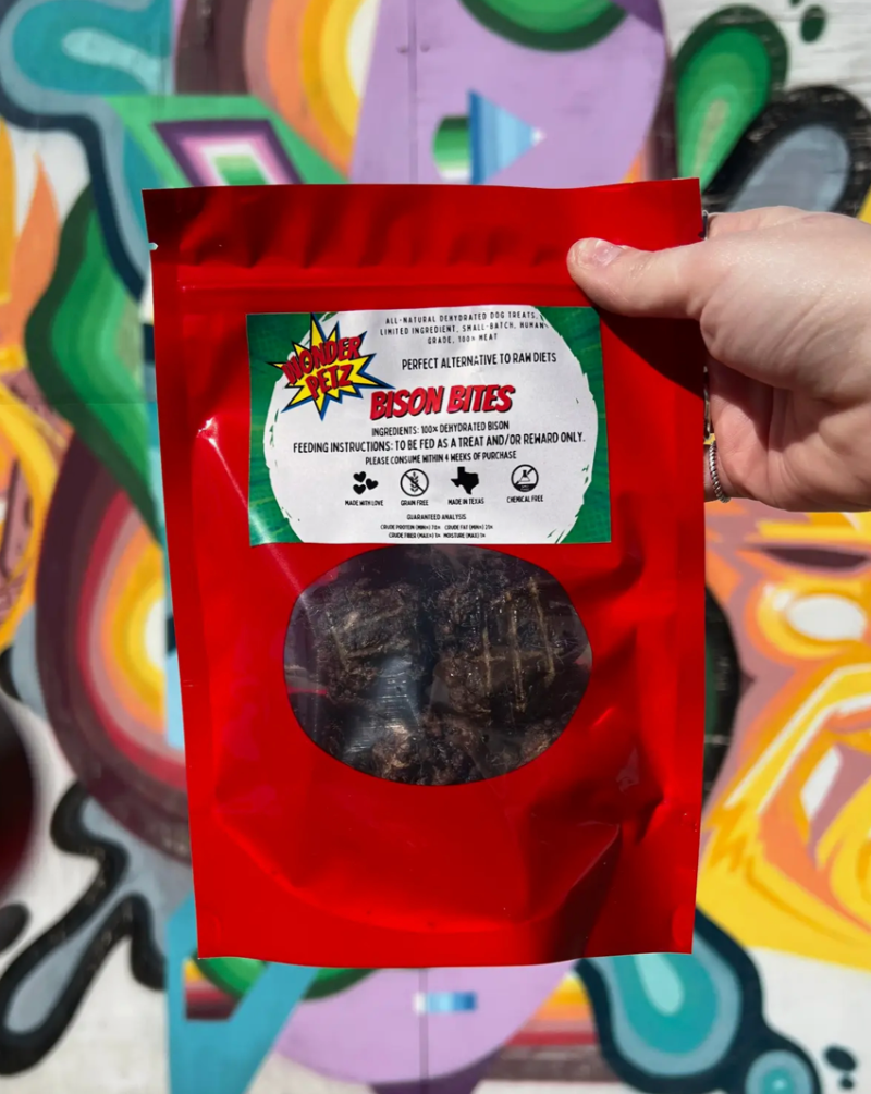 Bison bites are all-natural treats for your furry friends. Made with 100% human-grade, ground bison. You can feel good about feeding our tasty treats because they contain no additives or preservatives and are free of grains, fillers, gluten and soy. Ingredients: 100% dehydrated ground bison. Woman Owned.
