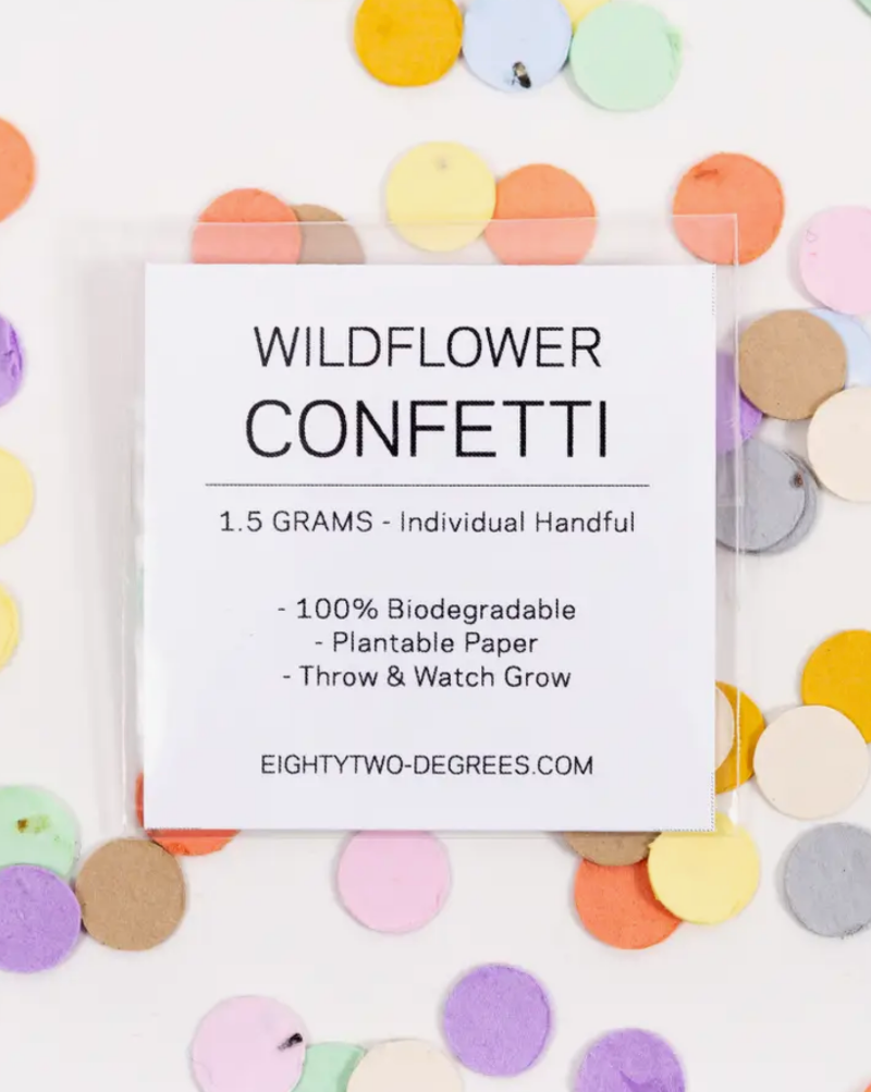 Individually packaged wildflower confetti is ready to toss during a celebration or sprinkle it for decoration. Confetti is made from biodegradable paper embedded with a mixture of wildflower seeds. Feel good about helping the local ecosystem by planting pollinator plants which help local bees & butterflies.
