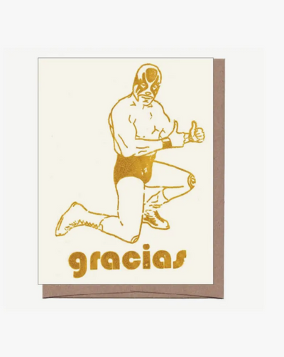 That familiar luchador returns to help you say thank you with a very enthusiastic double thumbs up. Flat printed on FSC certified paper from an original handcut collage, drawing, or print. 3.5" x 4.875" folded card with recycled kraft envelope. Blank inside Made in USA
