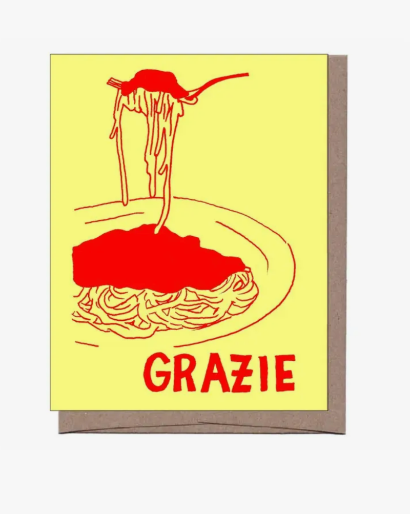 Grazie is Italian for thanks. And spaghetti is Italian for yum. Flat printed on FSC certified paper from an original handcut collage, drawing, or print. 3.5" x 4.875" folded card with recycled kraft envelope. Blank inside Made in USA