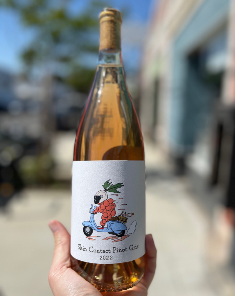 100% Pinot Gris. Clarksburg, California.  Woman winemaker - Shelbi Herring. All natural. Barrel fermented on skins in neural oak.  Meyer lemon rinds soaked in basil-tangerine black tea. Complicated yet tantalizing deep, chewy and dry texture in your mouth. Used orange popsicle stick.