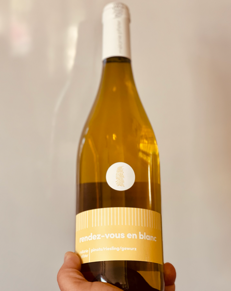 36% Pinot Blanc, 28% Pinot Gris 28% Riesling 8% Gewurtztraminer. Alsace, France.  Woman winemaker - Mélanie Pfister. All natural. Dry, fresh and easy. Sublime lemon lime all the time. Green apples and pears drizzled with wildflower honey. Nectarine dream. Zesty mint.