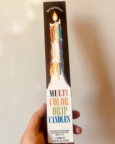 These beautiful drip candles comes in assorted multi color combinations. The full colors of candle will not be visible until candle is lit. There are 2 candles per pack. Illuminate with peace, love, & happiness!!!  Woman owned  Made in USA