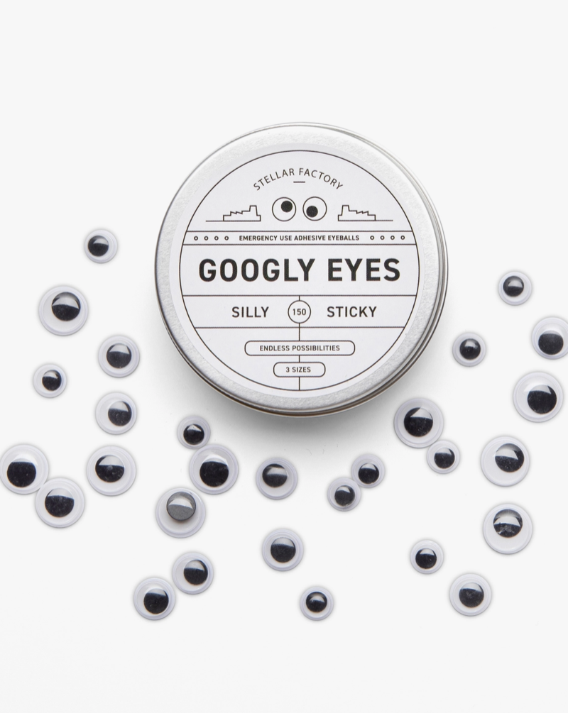 Googly eyes when you need them the most! Our handy tin contains endless possibilities for silly sticking.  Woman owned.