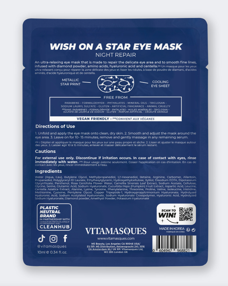 An ultra-relaxing eye mask that is made to repair the delicate eye area and smooth fine lines, infused with diamond powder, amino acids, hyaluronic acid and centella. This vegan-friendly and cruelty-free goggle eye mask is an easy to use 15-minute boost for a relaxing nightly routine.