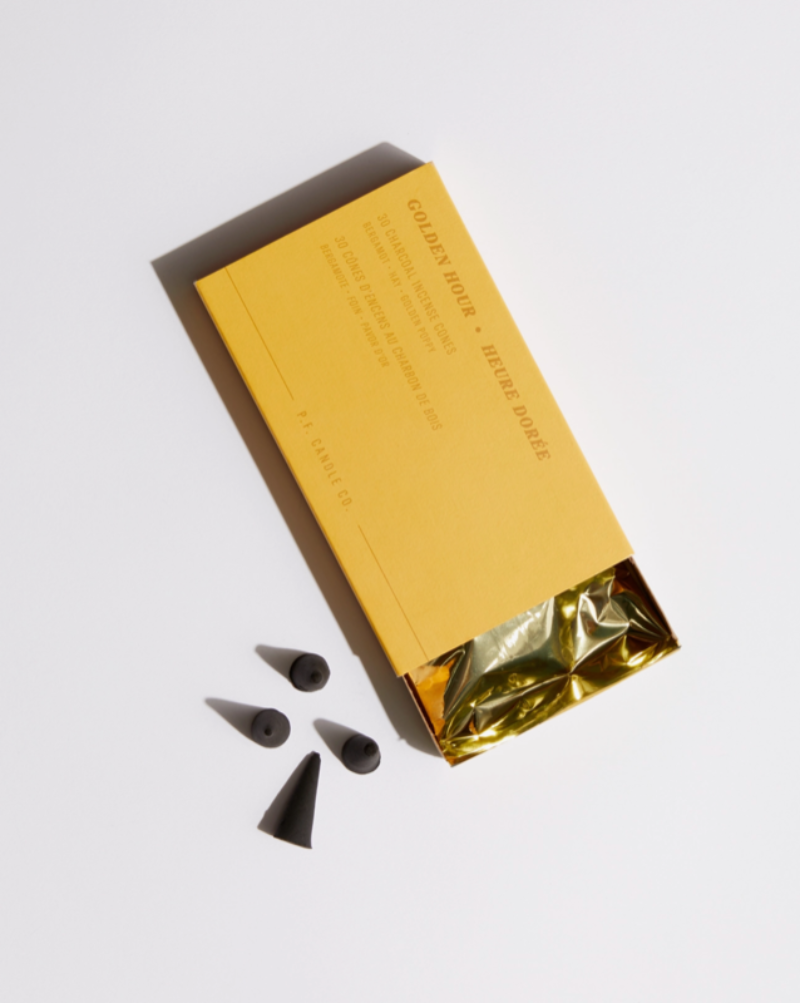 5pm. Rustling grasses, baked earth, sun rays split between trees. Mellow, dry, tranquil. Bergamot, hay, and golden poppy. Our charcoal-based incense cones instantly uplift any space with transformative smoke and fragrance that lingers even after extinguishing