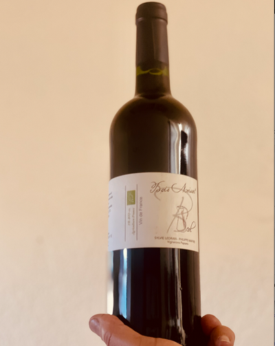 100% Braucol Galliac, France.  Woman winemaker - Sylvie Ledran. All natural. Chillable red. Geeky grape alert! Super rustic. Raw and alive. Grape sour patch kids on scary movie night with your buddies. Natty and wild. Oddly refreshing. Baked blackberries. Alpine herbs and spiced cherries.