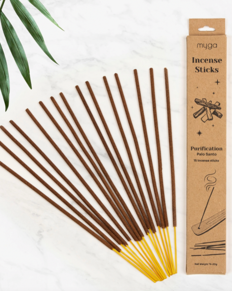 Incense sticks are wrapped in eco-friendly butter paper and then packed in a recyclable paper box. Each incense is created with unique natural extracts and herbs and hand rolled onto bamboo sticks. A package contains 15 sticks.