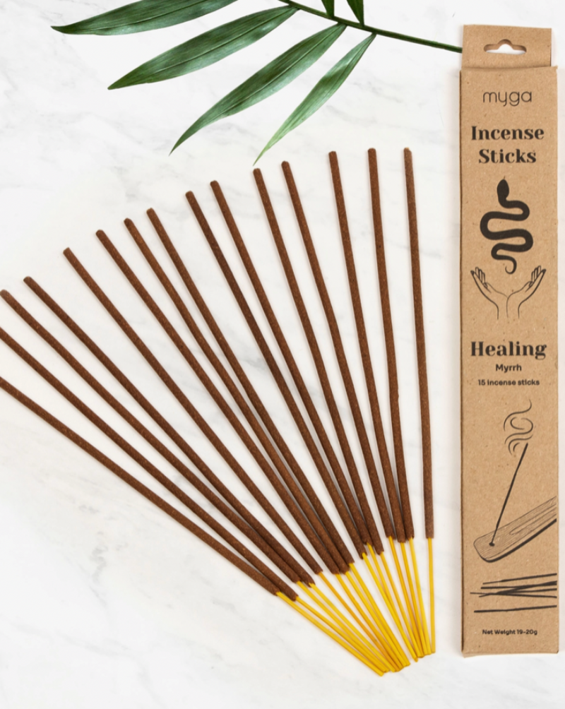 Incense sticks are wrapped in eco-friendly butter paper and then packed in a recyclable paper box. Each incense is created with unique natural extracts and herbs and hand rolled onto bamboo sticks. A package contains 15 sticks.
