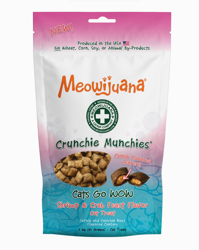 Carefully crafted shrimp & crab flavored treat with a catnip flavored center. So satisfying, your cat will have to fight the urge to go back for more after falling in love with this one of a kind edible. The purrfect bite. Made with a unique crunchy shrimp & crab flavored outer shell and a Catnip and Valerian Root Center.