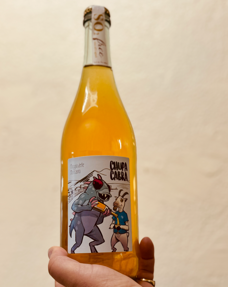 Aglianico and Piedirosso Campania, Italy.  Woman winemaker - . All natural. Orange Wine. Frizzante (light bubbles) Geeky grape alert. A tropical fruit funky punch dream vacation for your magical mouth senses. Fresh and flirty with a hoppy dryness. A weirdo monster with an orange creamsicle.