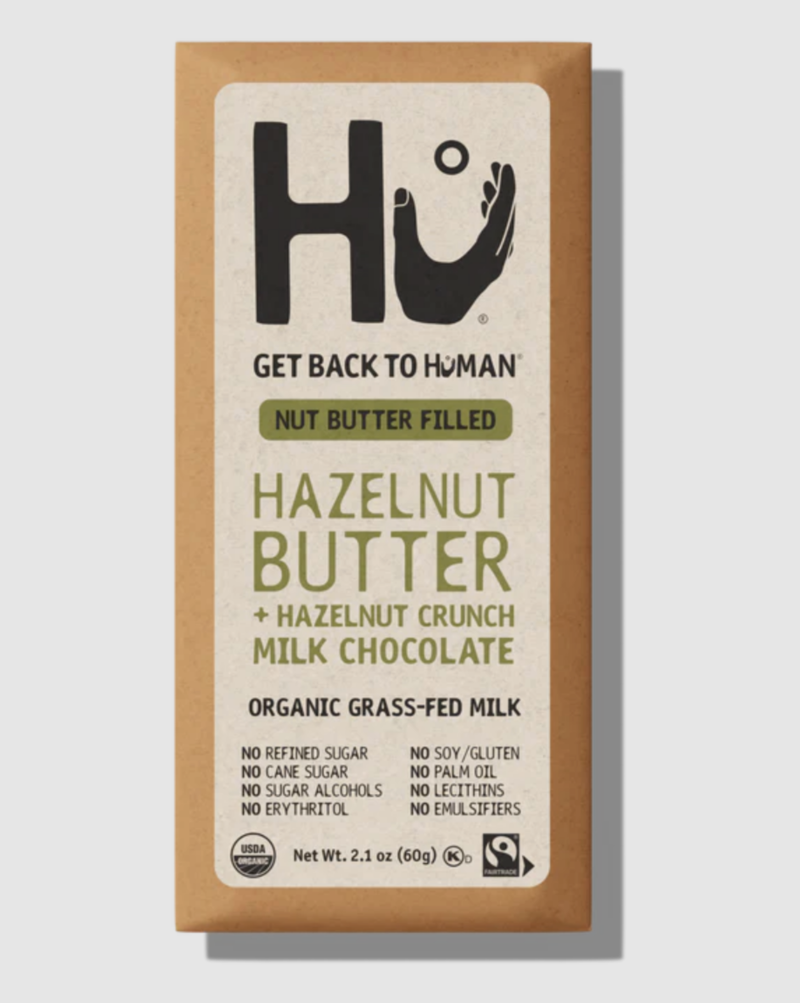Everyone's favorite hazelnut chocolate spread - made the Hu way. The most indulgent bar ever combines hazelnut butter and chopped hazelnut pieces for a decadent treat that tastes just as good as it makes you feel.
