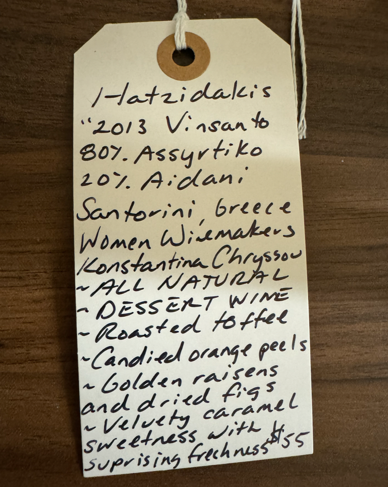 80% Assyrtiko 20% Aidani Santorini, Greece.  Women in wine -Konstantina Chryssou. All natural. Dessert Wine Roasted toffee. Candied orange peels. Golden raisins and dried figs. Velvety caramel richness with surprising freshness.&nbsp;