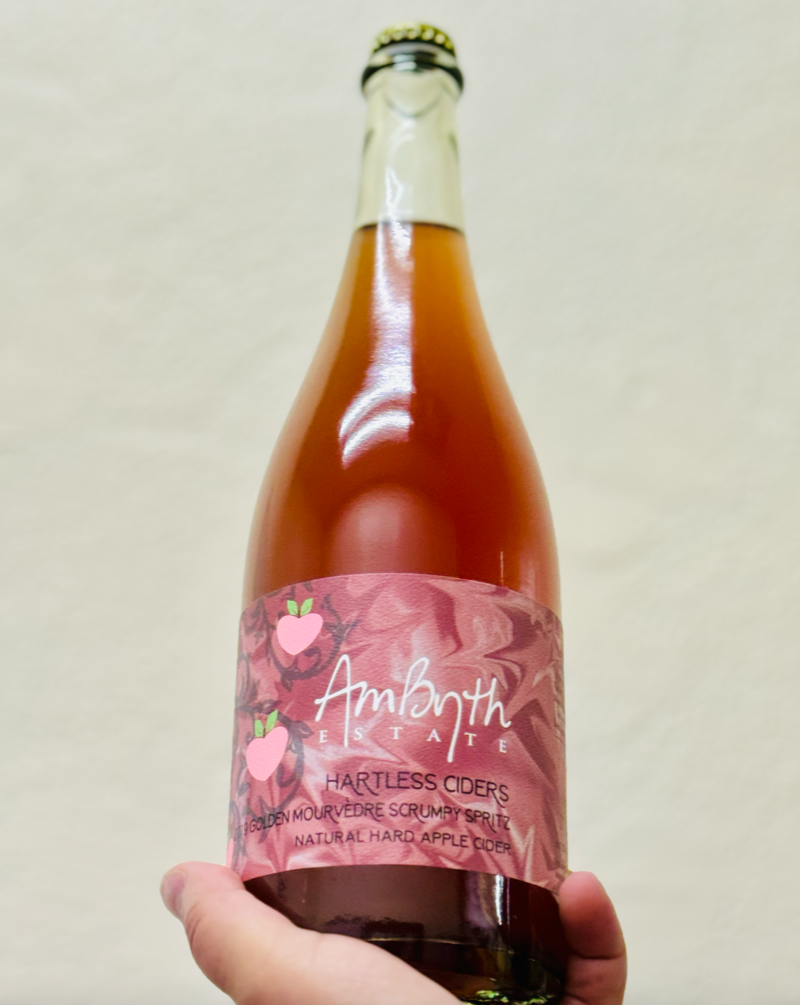 Mourvèdre Grapes and Golden Delicious Apples. Templeton, California.  Women winemakers - Mary and Robyn Hart. All natural. Pét-Nat (bubbles) Wine and Cider Co-ferment. Low ABV 4.5% Apple blossoms. Pink rose bouquet. Little spritzy. Smooth and dry. Quince cubes. Wild and funky.