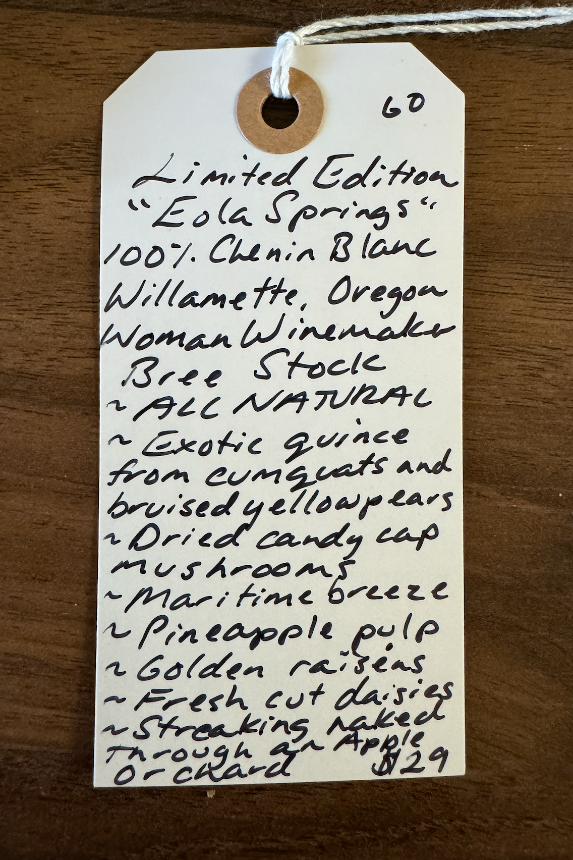 100% Chenin Blanc&nbsp; Willamette, Oregon.  Woman winemaker - Bree Stock. All natural. Exotic quince from cumquats and bruised yellow pears. Dried candy cap mushrooms. Maritime breeze. Pineapple pulp. Golden raisins. Fresh cut daisies. Streaking naked through a apple orchard.