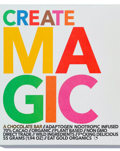 Create Magic is a potent, functional chocolate bar formulated to inspire creative flow and focus. Indulge in 4+ squares and create magic in work and play.