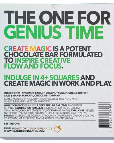 Create Magic is a potent, functional chocolate bar formulated to inspire creative flow and focus. Indulge in 4+ squares and create magic in work and play.
