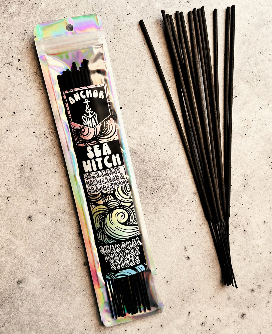 SEA WITCH | A sultry potion of Bergamot, Citrus, Melon, Lily of the Valley, Magnolia Blossom, Gardenia, Tuberose, Freesia, Patchouli, Sandalwood, Vetiver, Vanilla, and Musk. 25 Sticks Per Bag Enjoy the soft billowing smoke and true to scent aroma that our Charcoal Incense Sticks provide. 