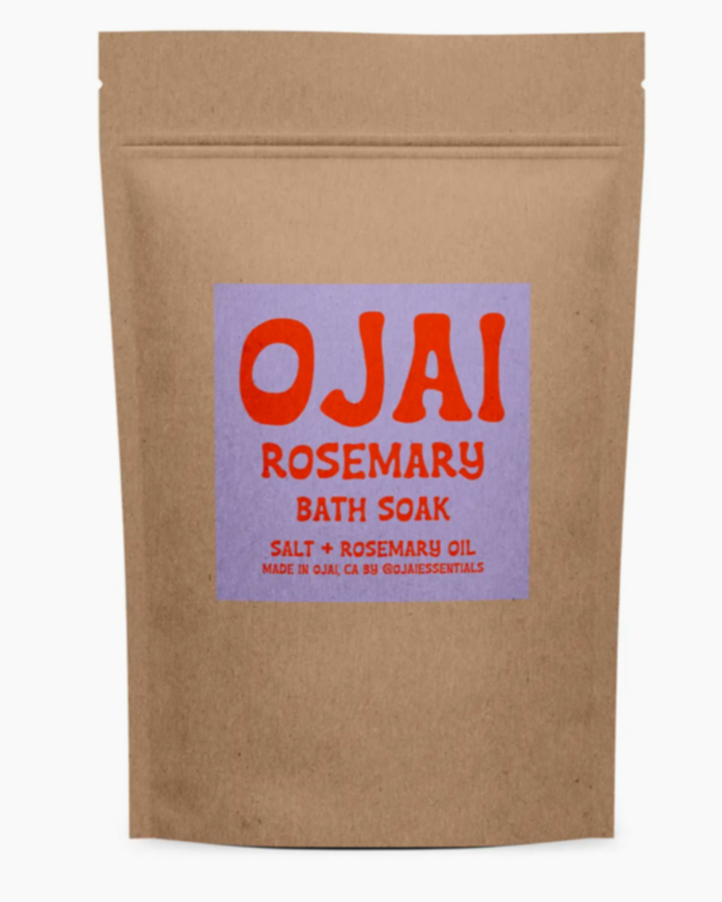 Kraft paper packaging of OJAI Rosemary Bath Soak with a purple label.