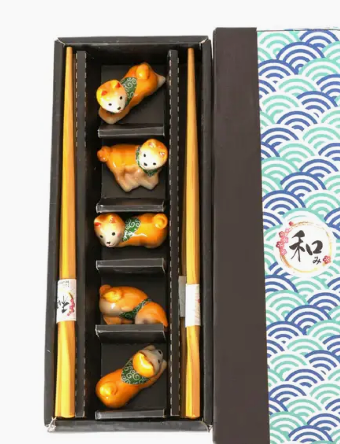 5pc Chopsticks and Shiba Inu Chopsticks Rest Gift Set