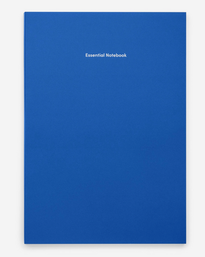 Blue notebook with 'Essential Notebook' text on a white background