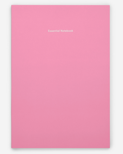 Pink notebook with 'Essential Notebook' text on a white background