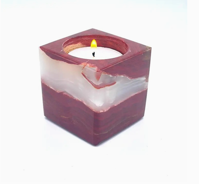 Onyx Crystal Green TeaLight Candle Holder Cube Red