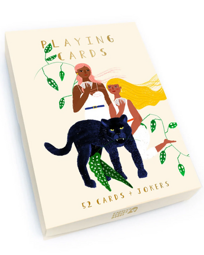 Playing cards box with black panther and two people on a white background