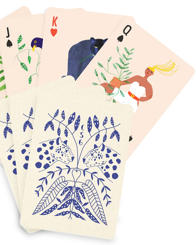 Set of playing cards with nature-themed illustrations on a white background