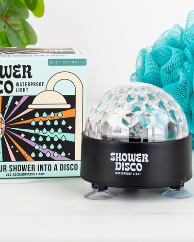 Shower disco light with packaging and a blue loofah on a white background