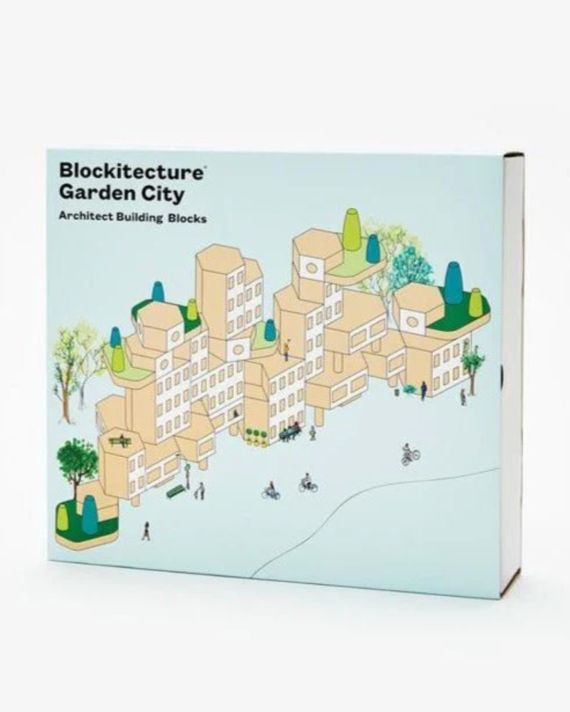 Box of 'Blockitecture Garden City' architect building blocks with cityscape illustration on a light blue background.