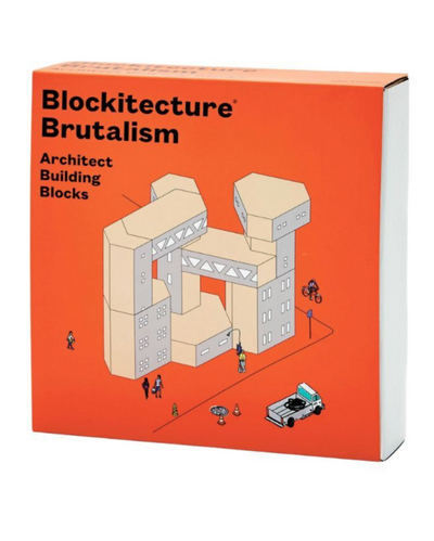 Box of Blockitecture Brutalism architect building blocks with an orange background