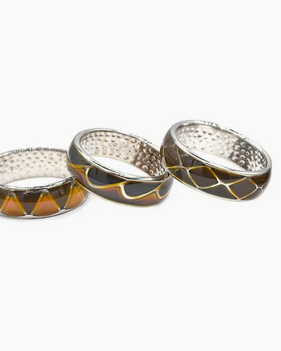 Three silver rings with geometric patterns on a white background