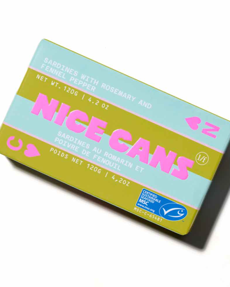 Box of 'Nice Cans' with green and pink design on a white background