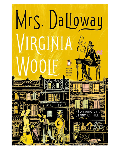 Book cover of 'Mrs. Dalloway' by Virginia Woolf with yellow and black design.