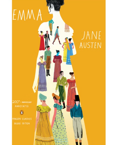 Book cover of 'Emma' by Jane Austen with illustrations of characters in dresses on a yellow background